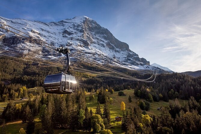 A gondola cabin crossing a wooded slope below a dark, snow-streaked north face