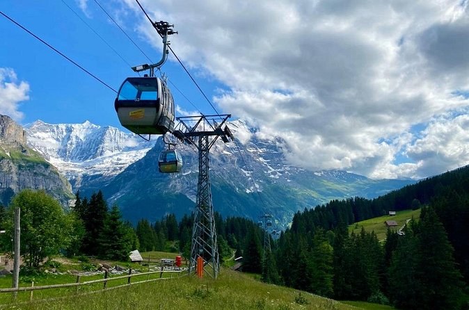 Gondola cabins on a pylon line climbing over alpine meadows towards snowy peaks