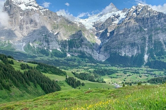 A green valley of meadows and woods under grey limestone walls and a glacier